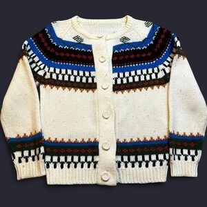 Vintage knitted handmade fair isle multicolor‎ cardigan sweater size medium READ
